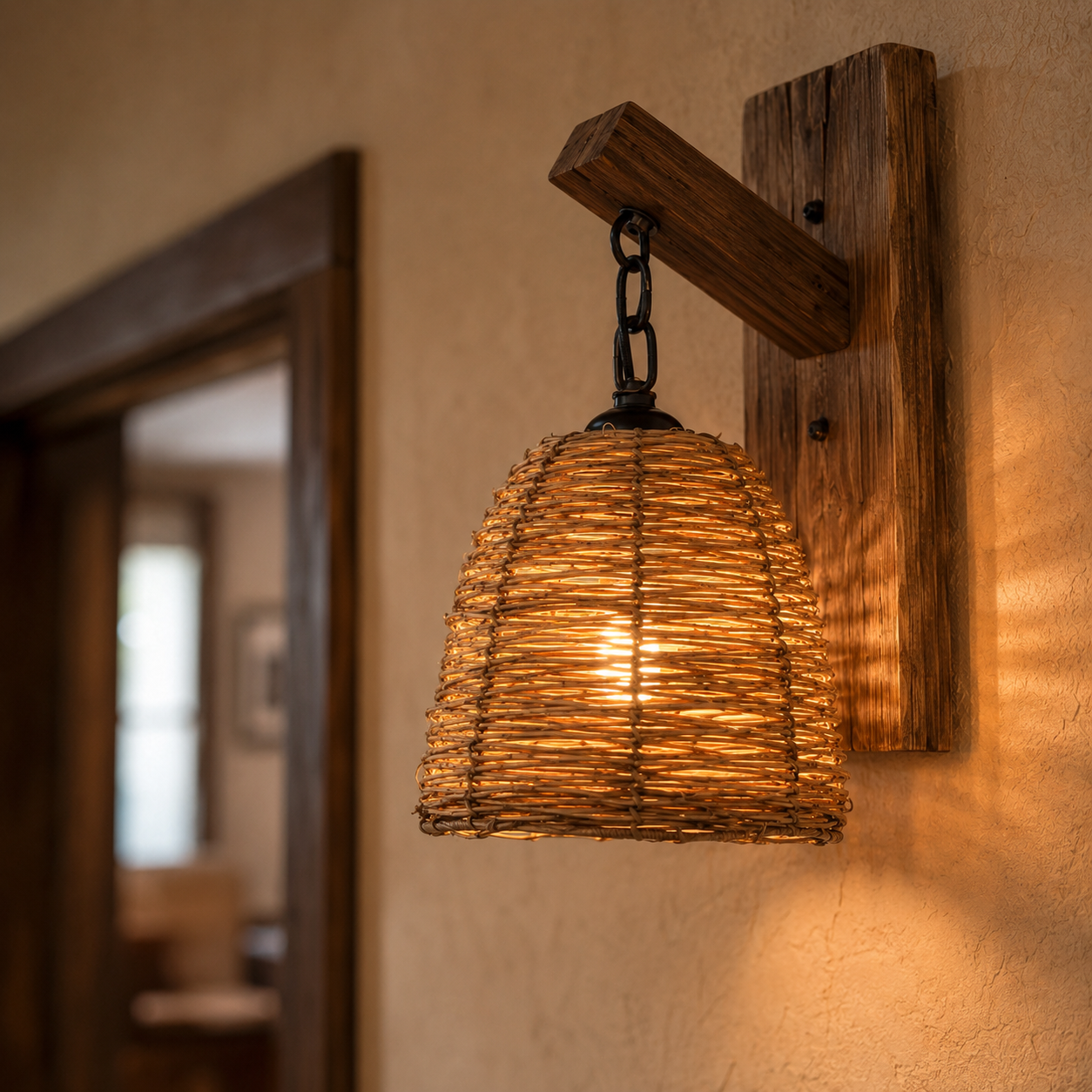 Woven shade wall lantern with timber bracket and hanging chain, warm glowing light