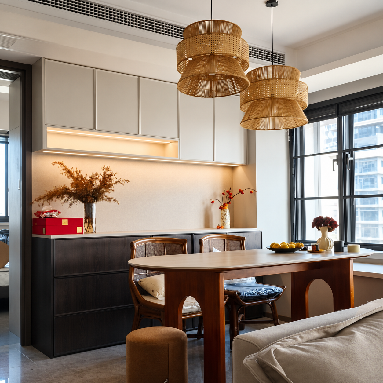 Hourglass pendant light set with woven shades in a modern dining room
