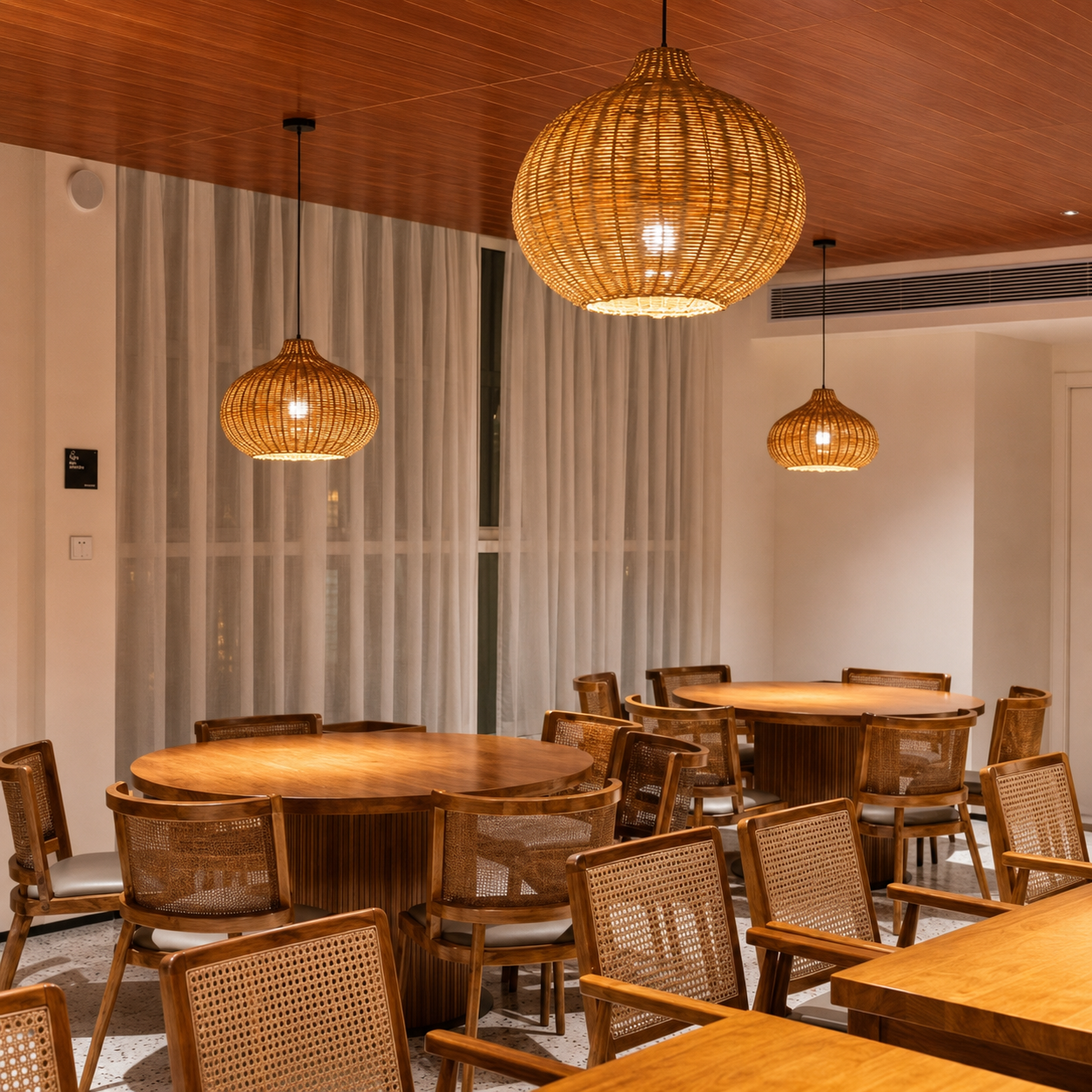 Rattan pumpkin-shaped pendant light with warm glowing bulb from black ceiling mount.