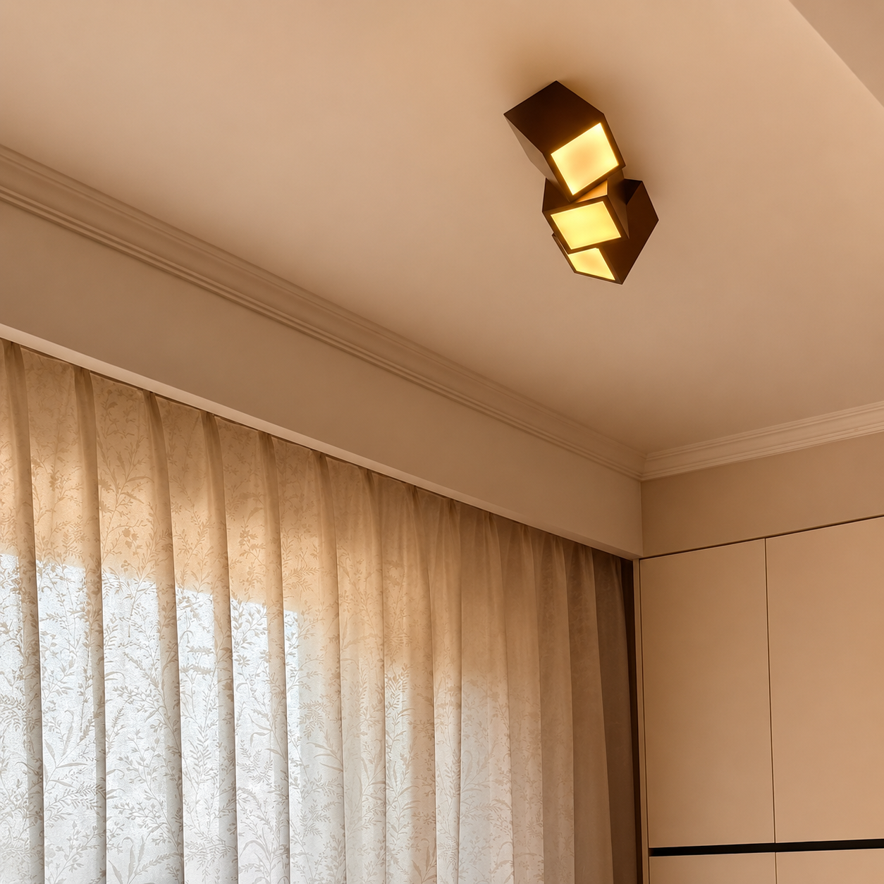 Dark wood cube geometric ceiling light with warm square LED glow