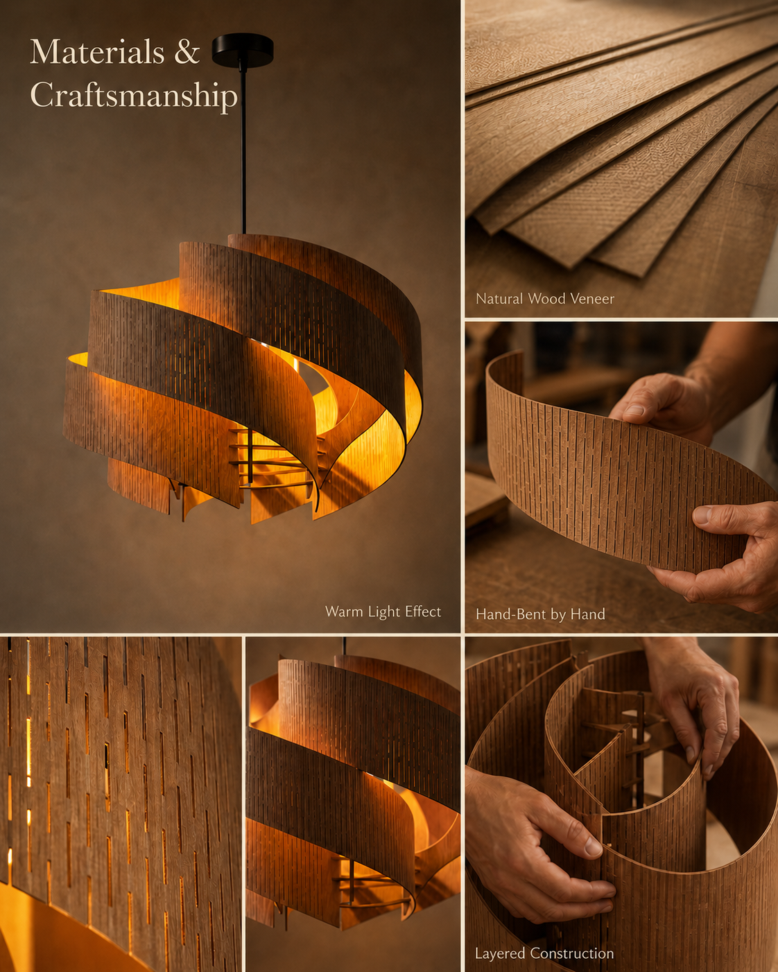 Natural materials and handcrafted details of Spiral Wood Chandelier