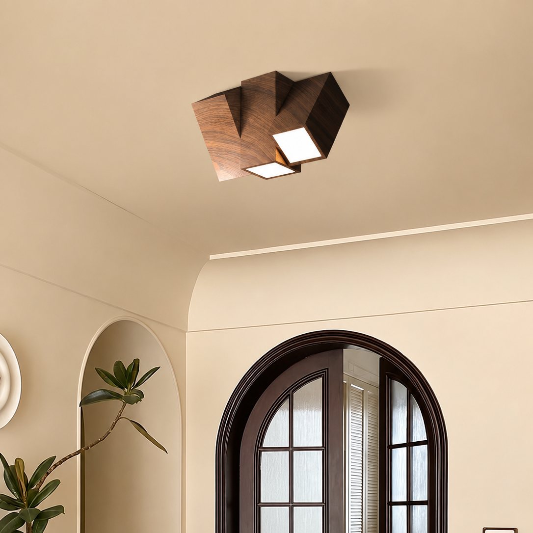 Walnut wood geometric flush-mount ceiling light with square LED glow panels