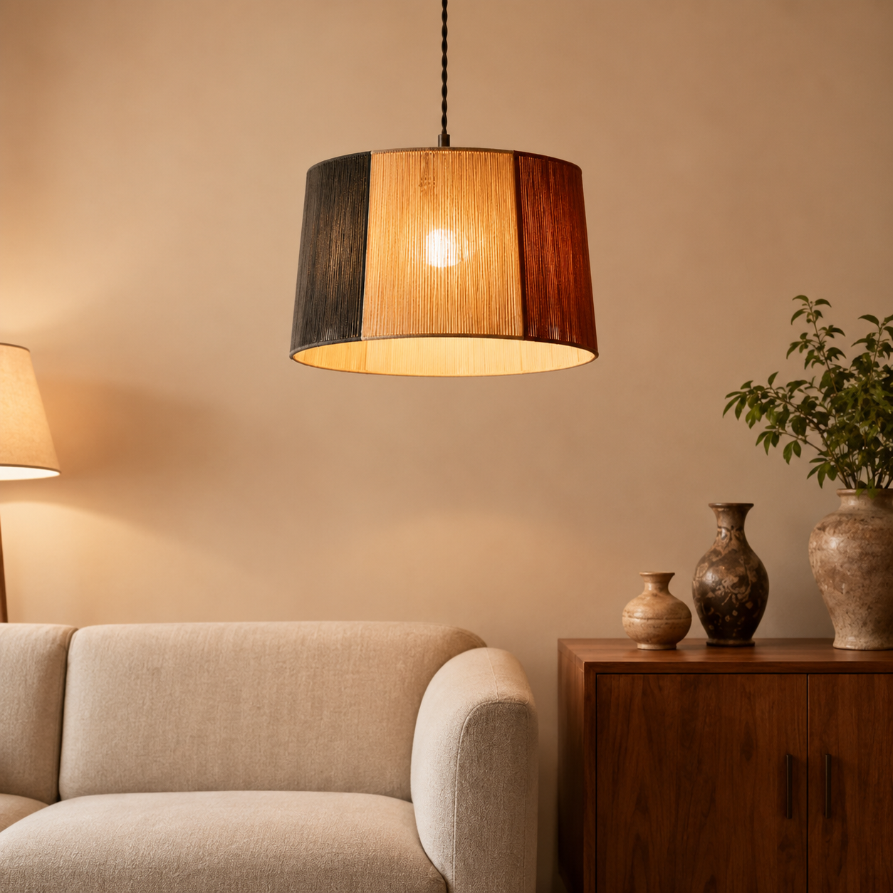 Woven pendant ceiling light with cylindrical shade and dark-to-amber side panels