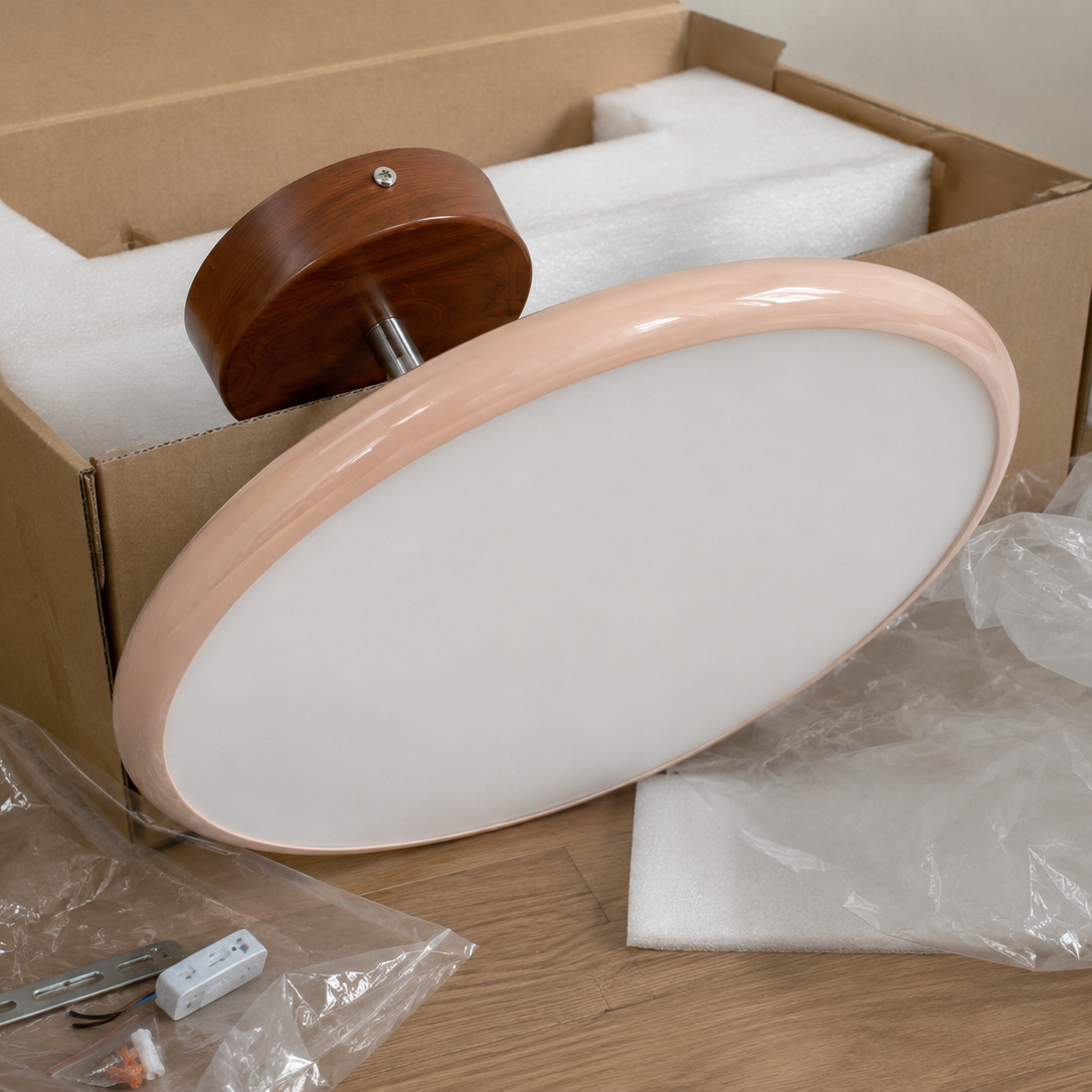 Flush mount ceiling light diffuser in pale pink glass with wood-toned canopy