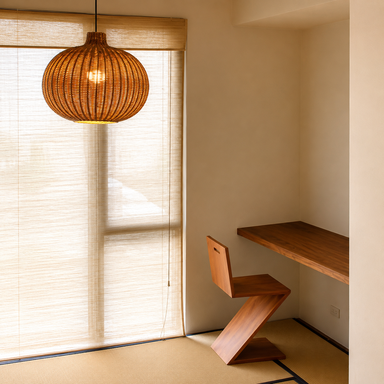 Rattan pumpkin pendant light with warm bulb glow, hanging from black cord.