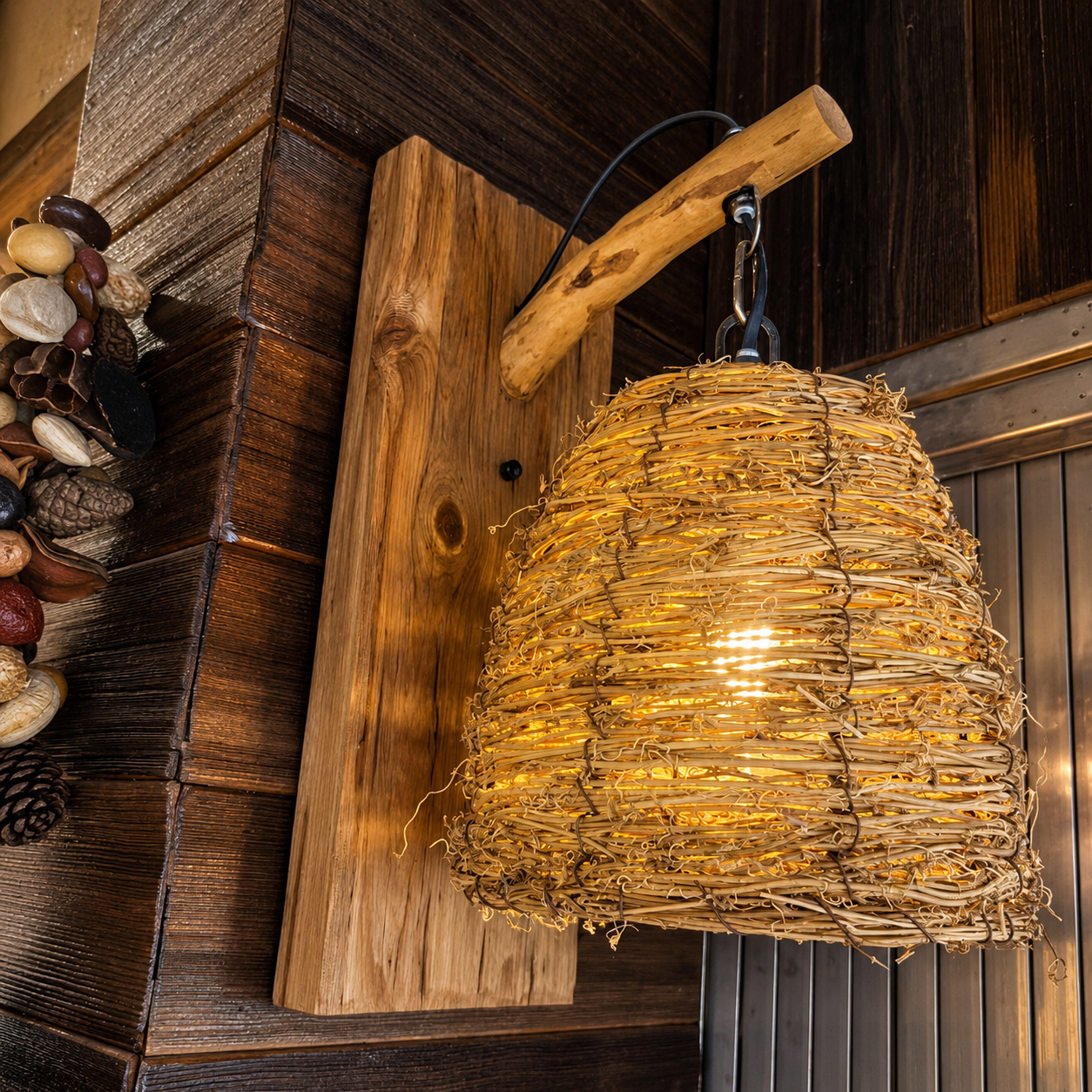 Wood and woven wall lantern with curved arm mount and warm glowing shade