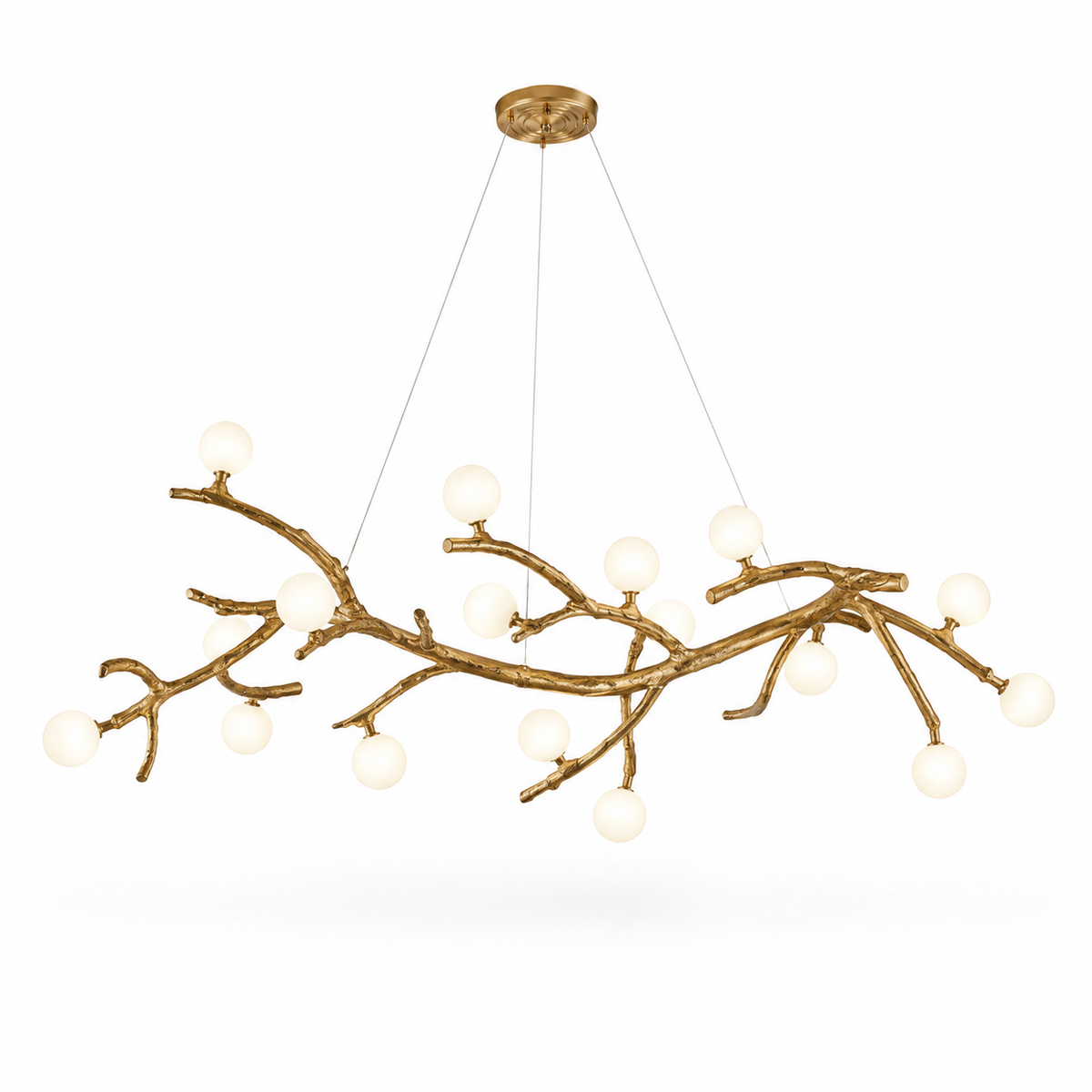 Gold branch chandelier with scattered white globe bulbs and a round gold ceiling canopy