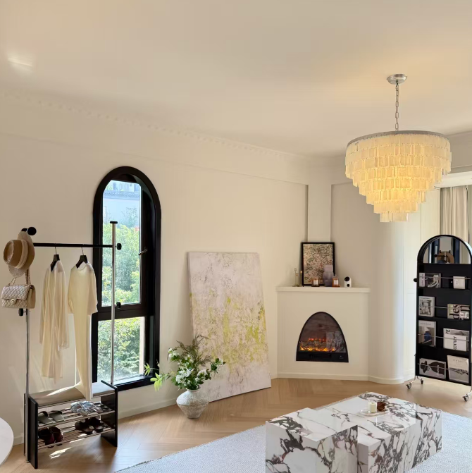 Capiz shell chandelier with tiered translucent shell strips