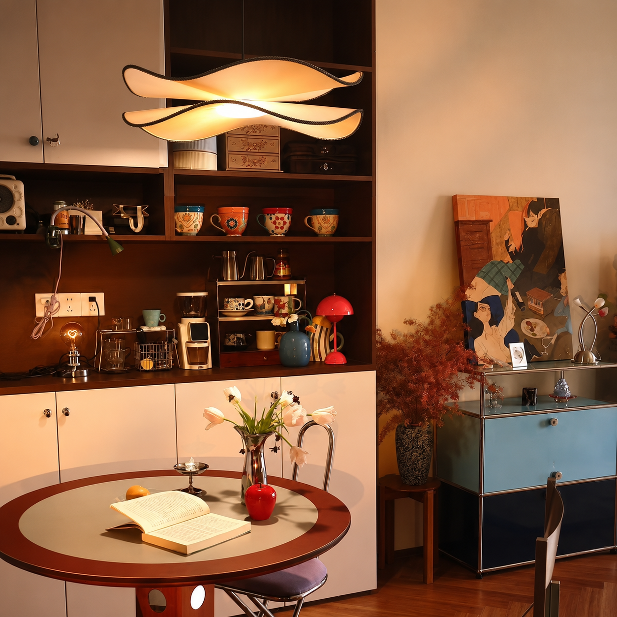 Two-panel wing pendant light with warm glow and braided cord suspension
