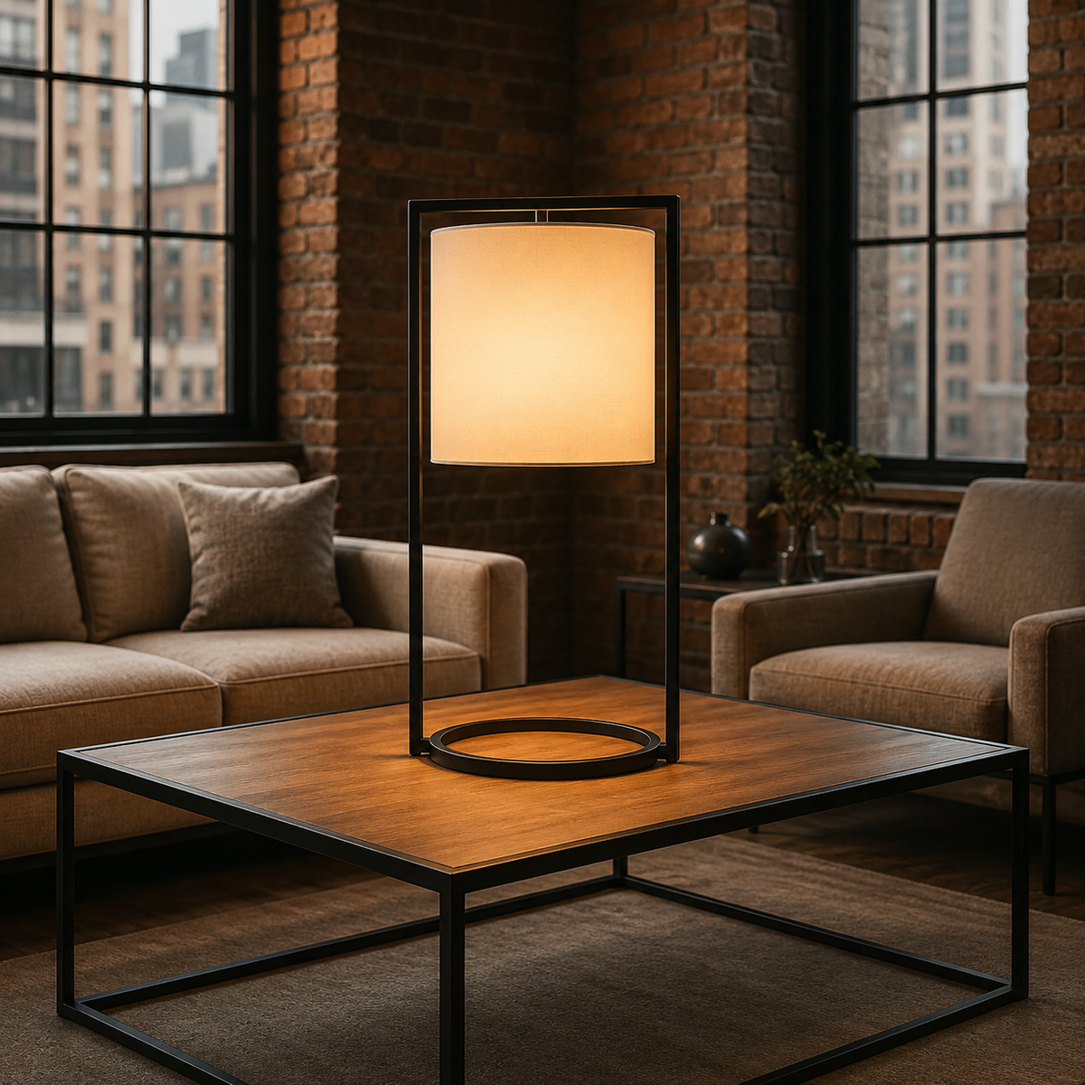 Matte black table lamp with lit square shade, circular base ring, on a sofa table.
