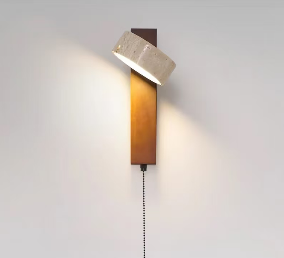 Mid-Century Travertine & Wood Wall Sconce