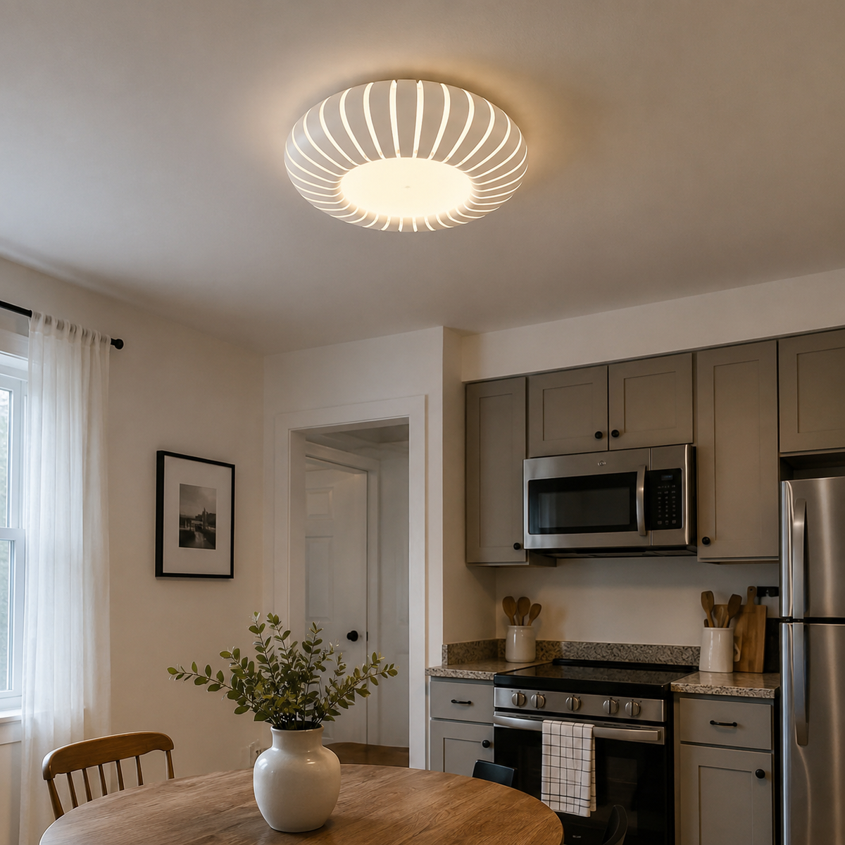 Ribbed flush mount ceiling light with warm glow centered on the ceiling
