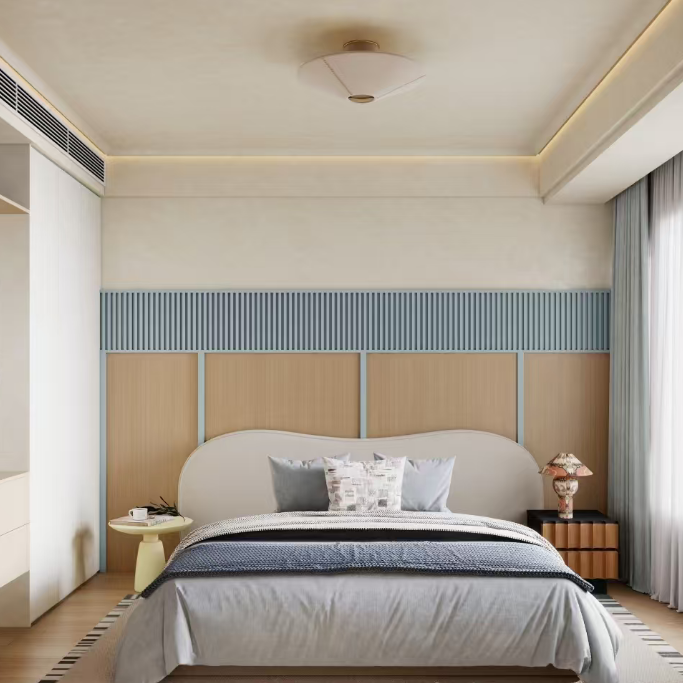 Beige fabric flush mount ceiling light centered overhead with woven shade