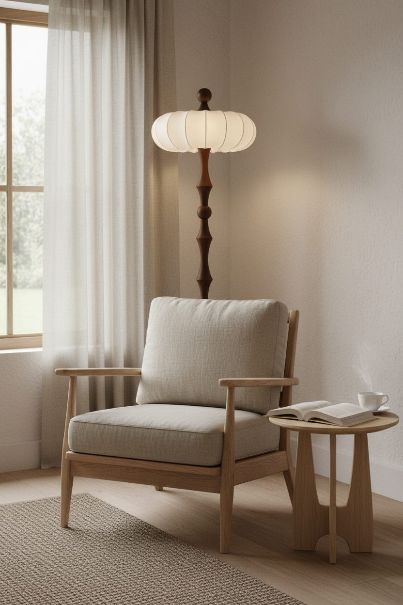 Slim standing floor lamp with cream ribbed shade and dark segmented stem
