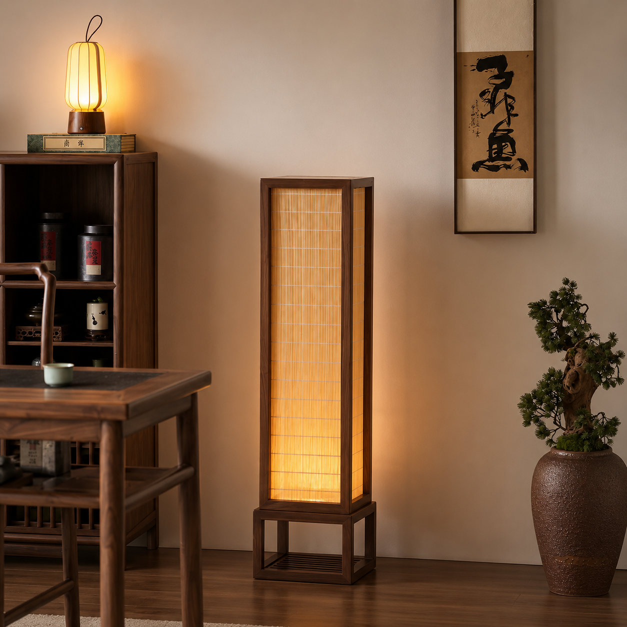 Tall rectangular floor lamp with glowing bamboo shade and dark wood base