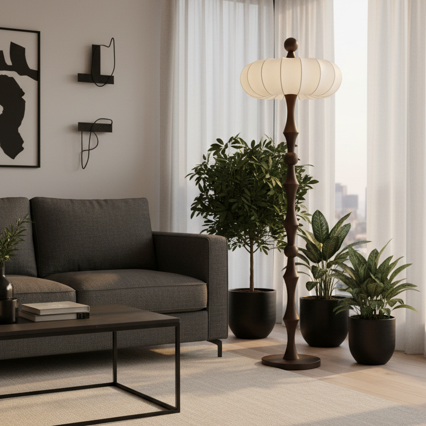 Modern floor lamp featuring a cream ribbed shade on a black segmented column