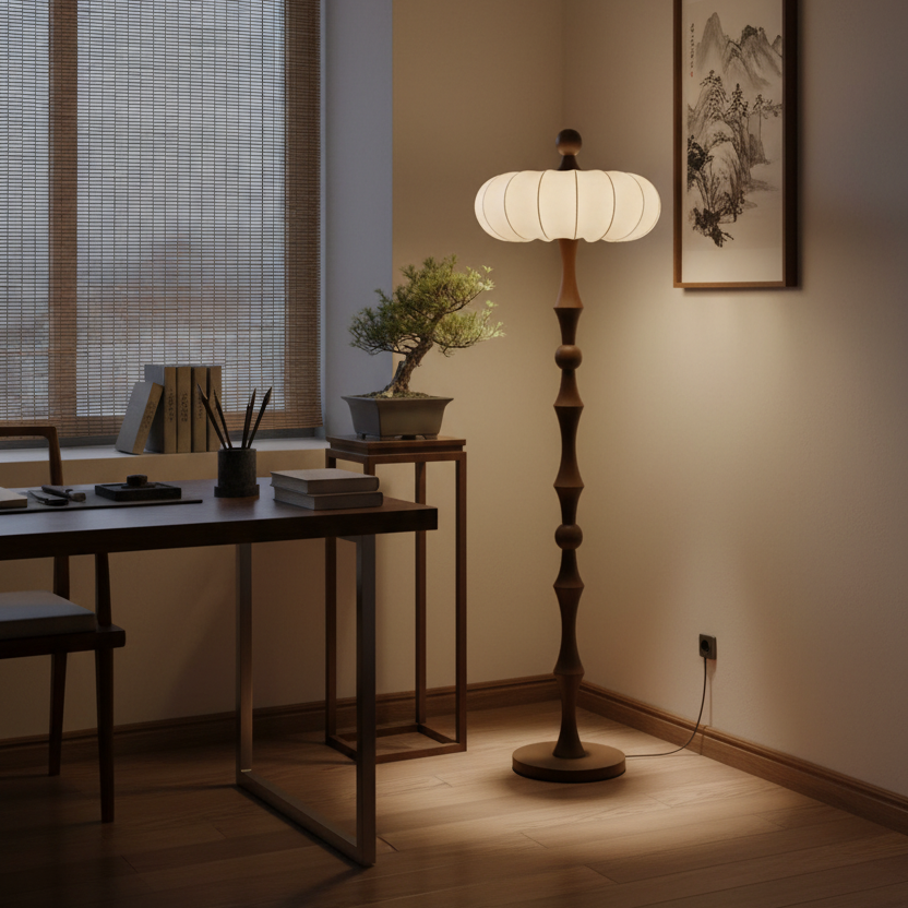 Modern floor lamp with cream ribbed shade and dark brown/black segmented stem