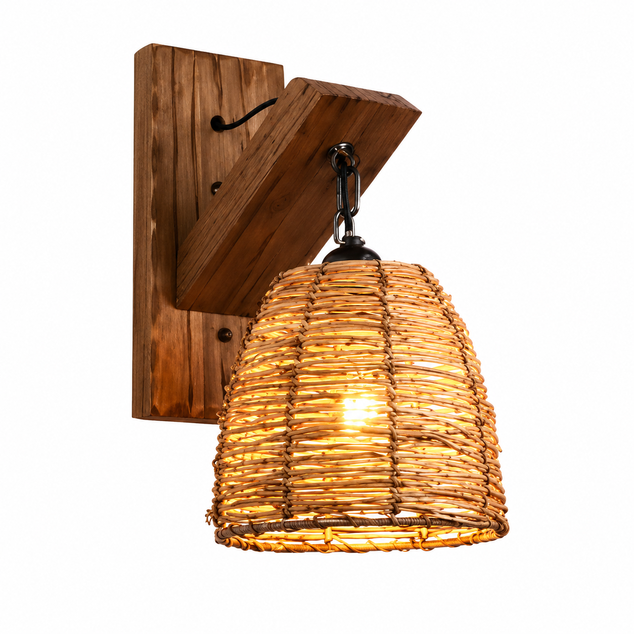 Wicker wall lantern with dark wood mounting plate and curved handle, warm light glow