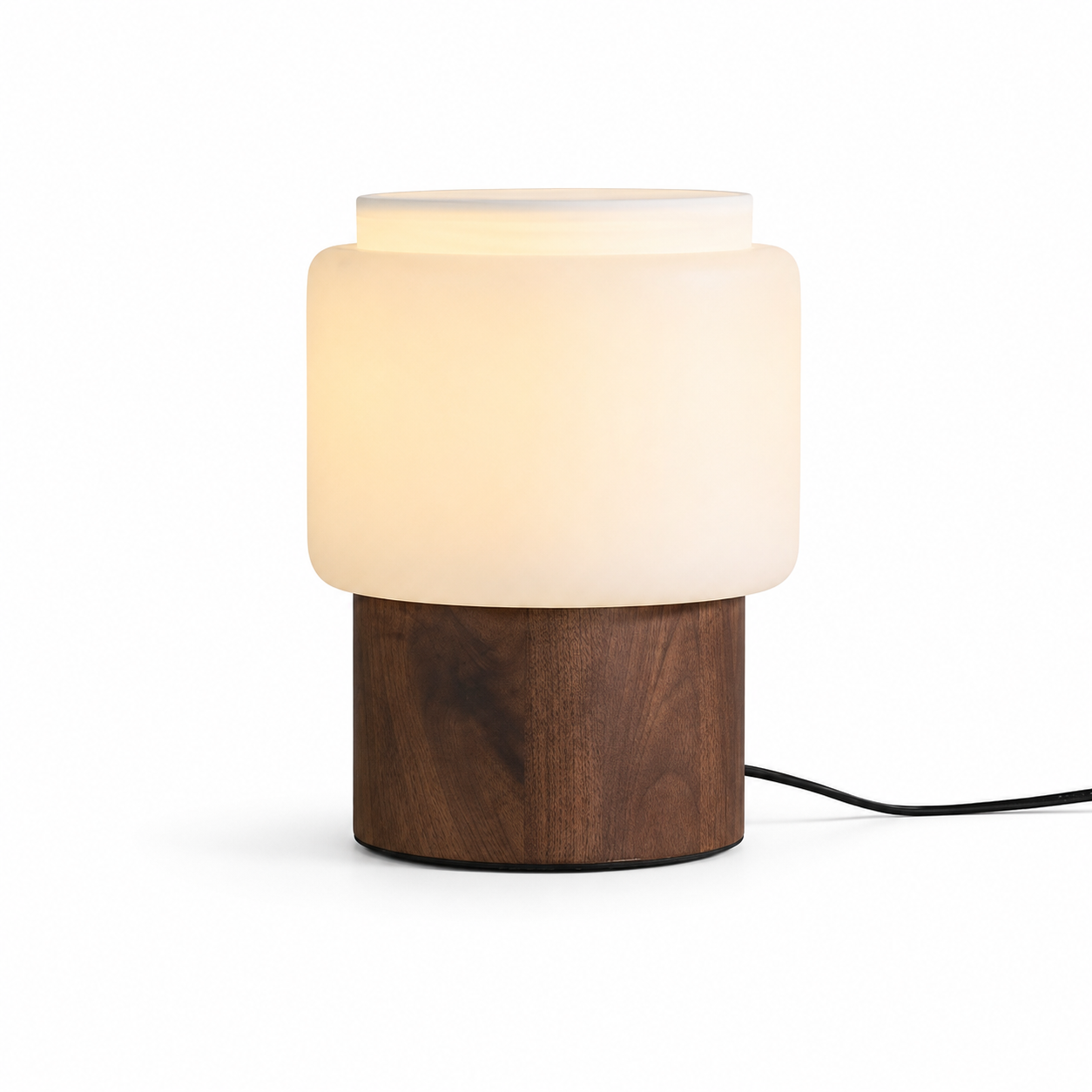 Walnut table lamp with frosted white cylindrical shade and dark wood base