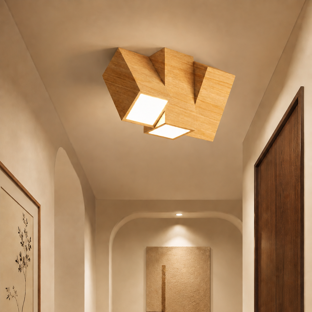 Light natural wood geometric ceiling light with three square open cubes and LEDs