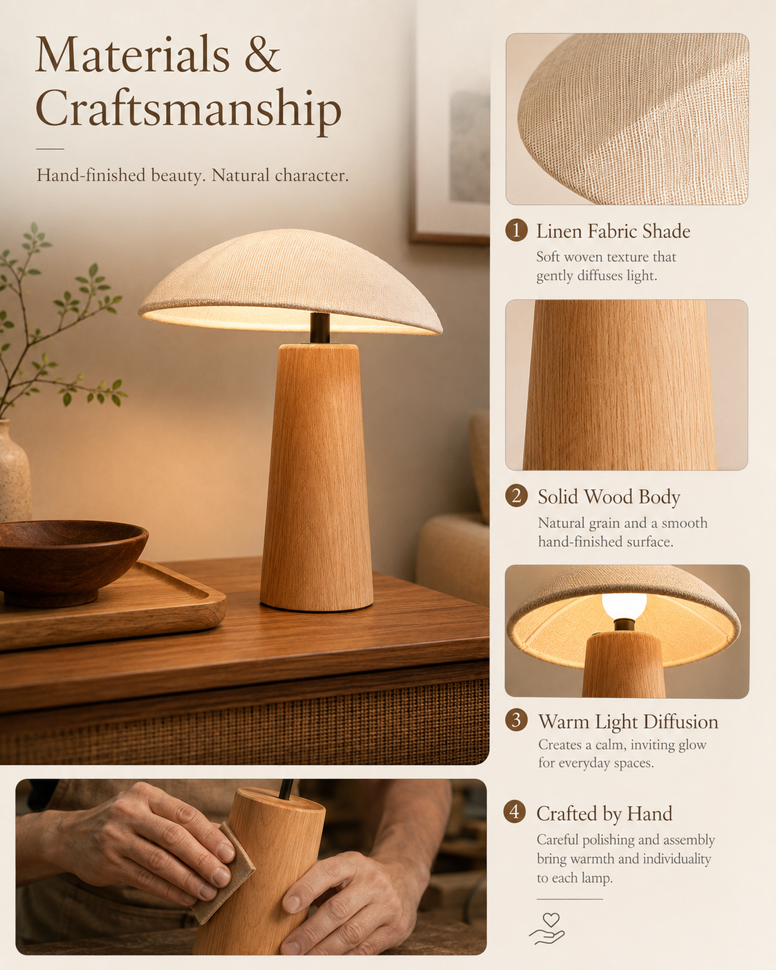 Natural materials and handcrafted details of Linen Cloud Wooden Table Lamp