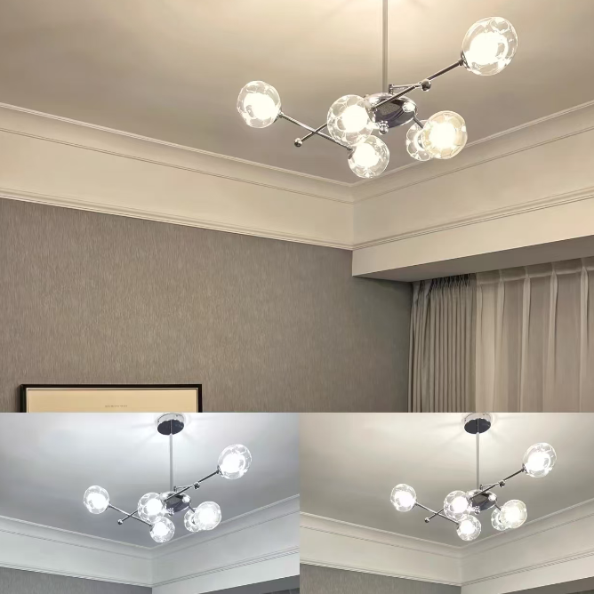 Balance globe chandelier with clear glass shades and chrome finish on ceiling