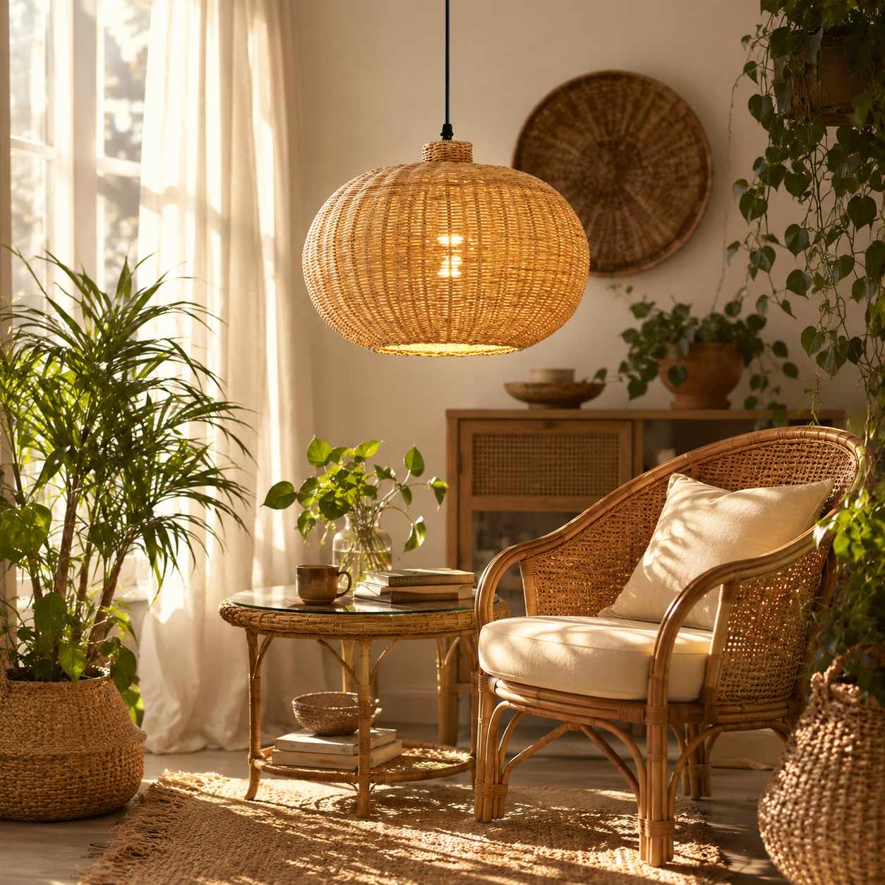 Rattan pumpkin pendant light with warm glow, hung from a black cord.
