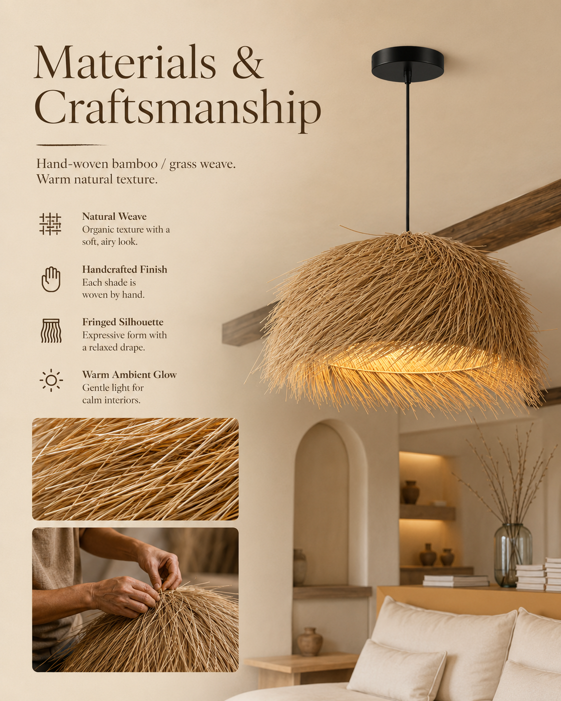 Natural materials and handcrafted details of Golden Thatch Canopy Pendant Light