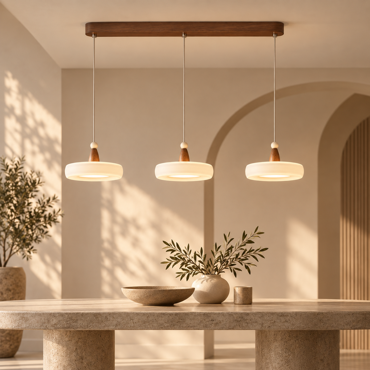 Mid-Century Champagne Linear 3-Light Pendant styled in a warm natural interior