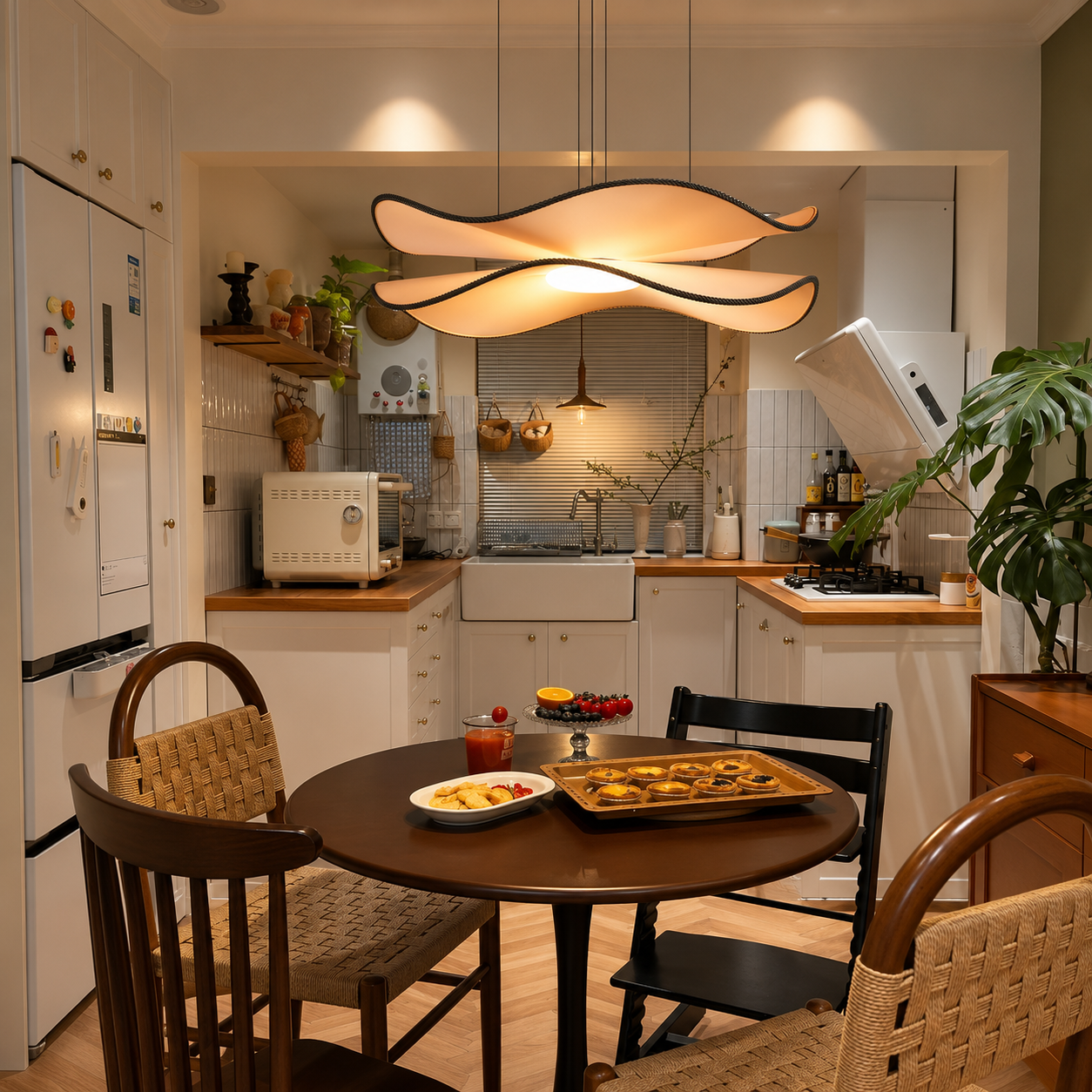 Glowing wing pendant light with layered curved shades hanging from the ceiling