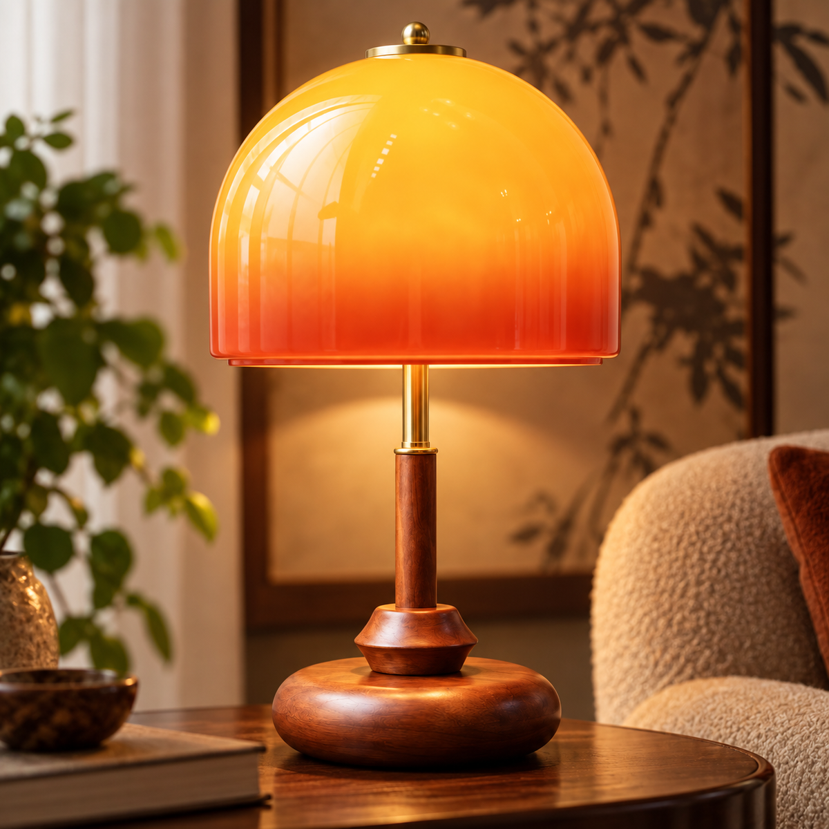 Vintage Mushroom Glass Table Lamp styled in a warm natural interior