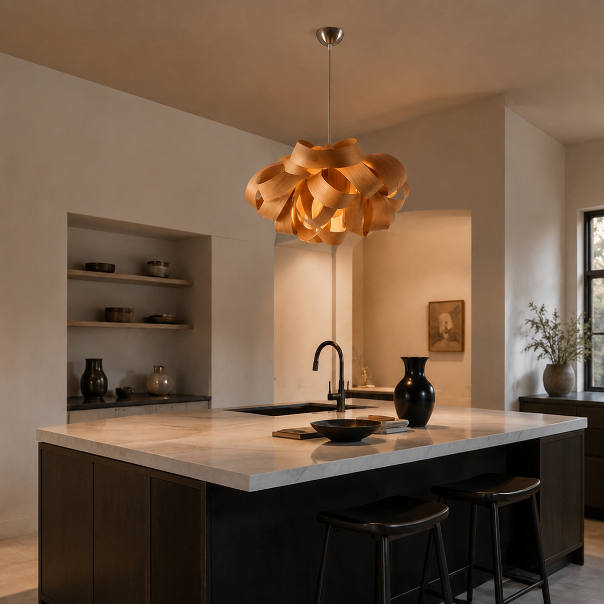 Form and silhouette detail of Bloom Wood Veneer Pendant Light