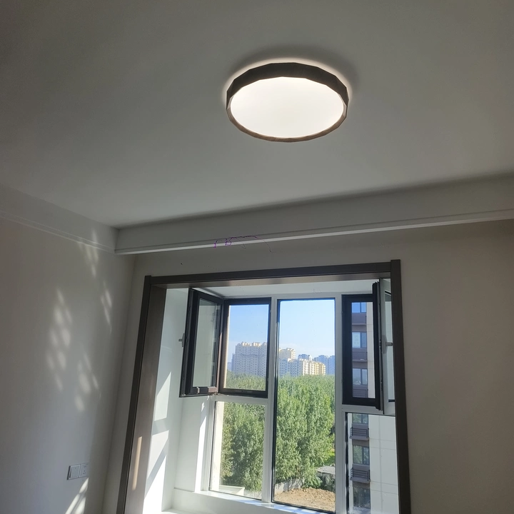 Walnut wood flush mount ceiling light with round lit frosted diffuser
