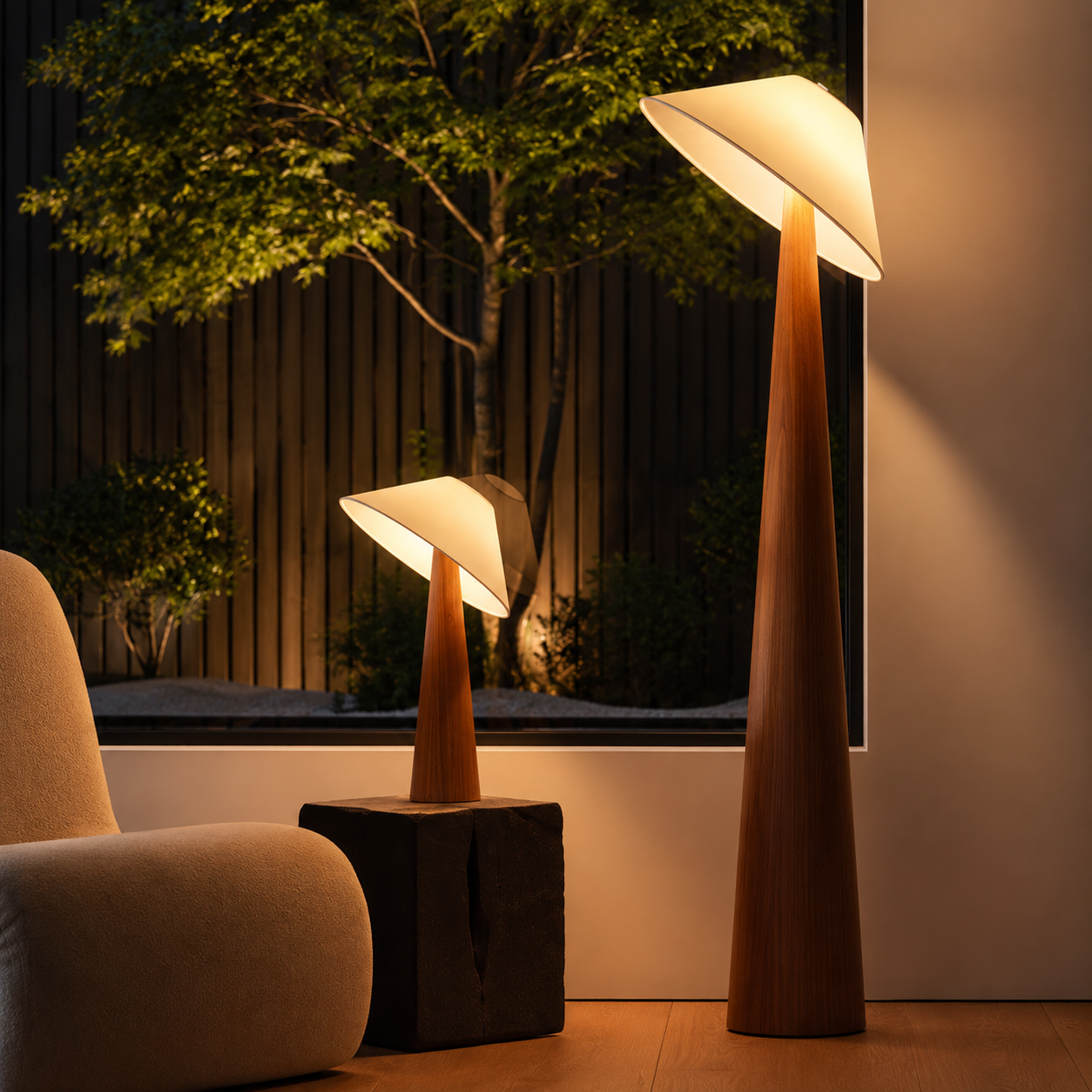 Set of two nature wood cone-shade floor lamps with warm off-white angled shades