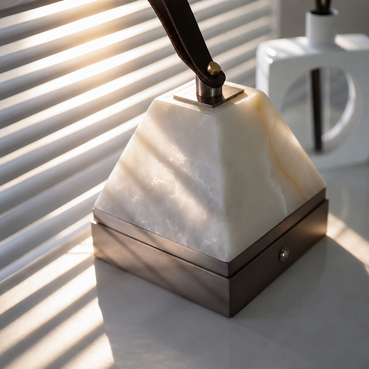 Close-up pyramid alabaster portable table lamp: white pyramid shade, gold base, black arm