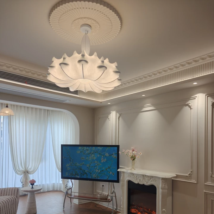 White silk petal chandelier with scalloped leaf shades and flush ceiling canopy