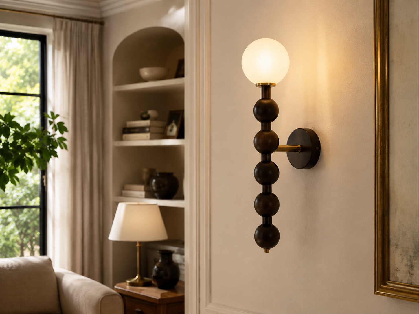 Bubbly Beaded Globe Wall Lamp styled in a warm natural interior