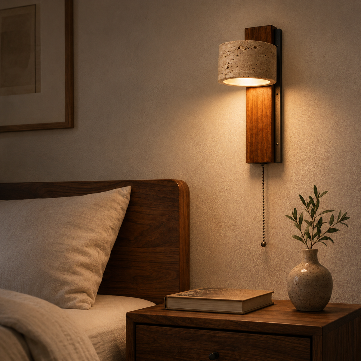 Mid-Century Travertine & Wood Wall Sconce styled in a warm natural interior