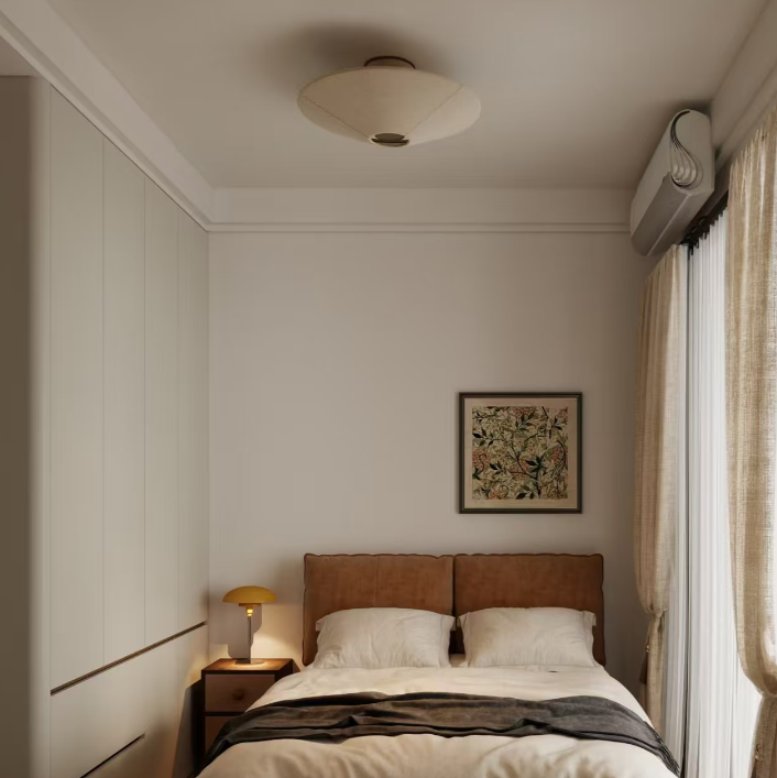 Beige fabric flush mount ceiling light with woven shade and warm glow