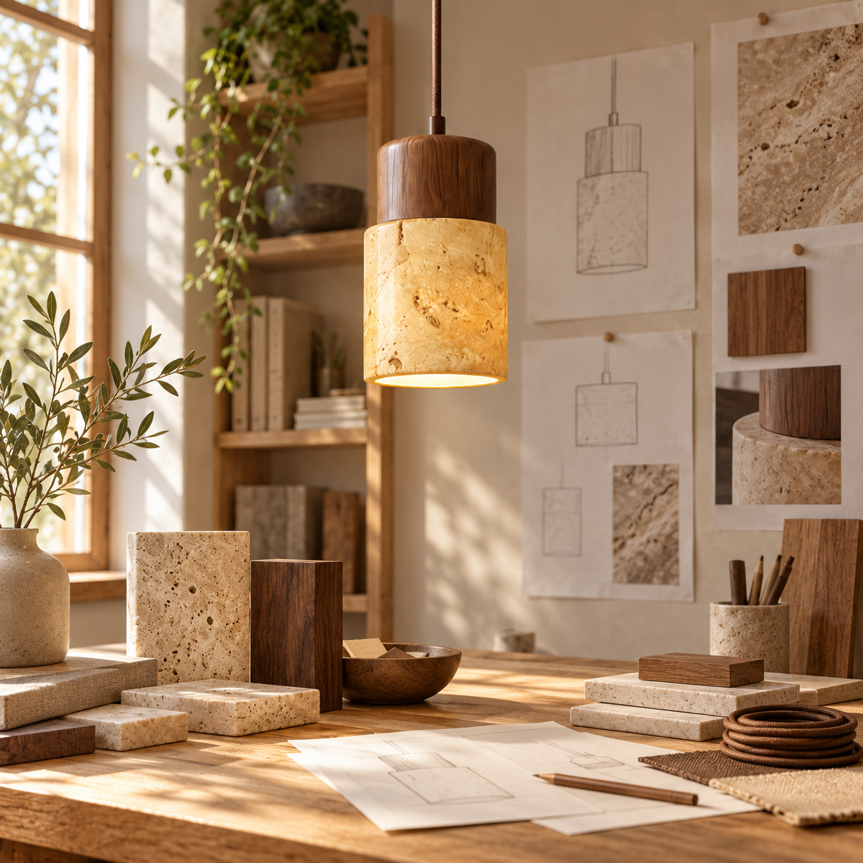 Natural materials and handcrafted details of Nordic Yellow Travertine & Walnut Pendant Light