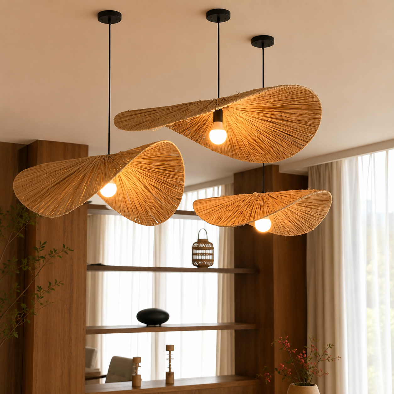 Rattan disc pendant light with three hanging shades and exposed bulbs from black ceiling mounts