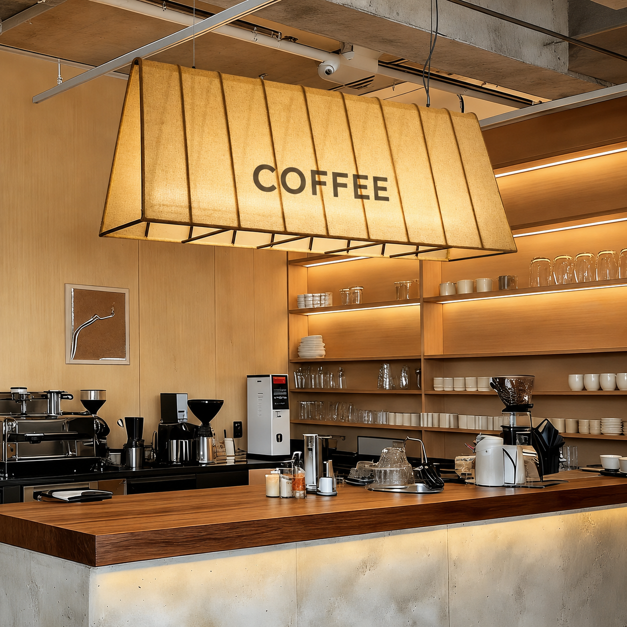 Beige fabric pendant lamp shade with 'COFFEE' lettering and black metal frame.
