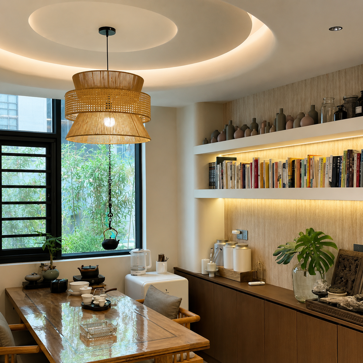 Woven hourglass pendant light with perforated top band above a kitchen countertop