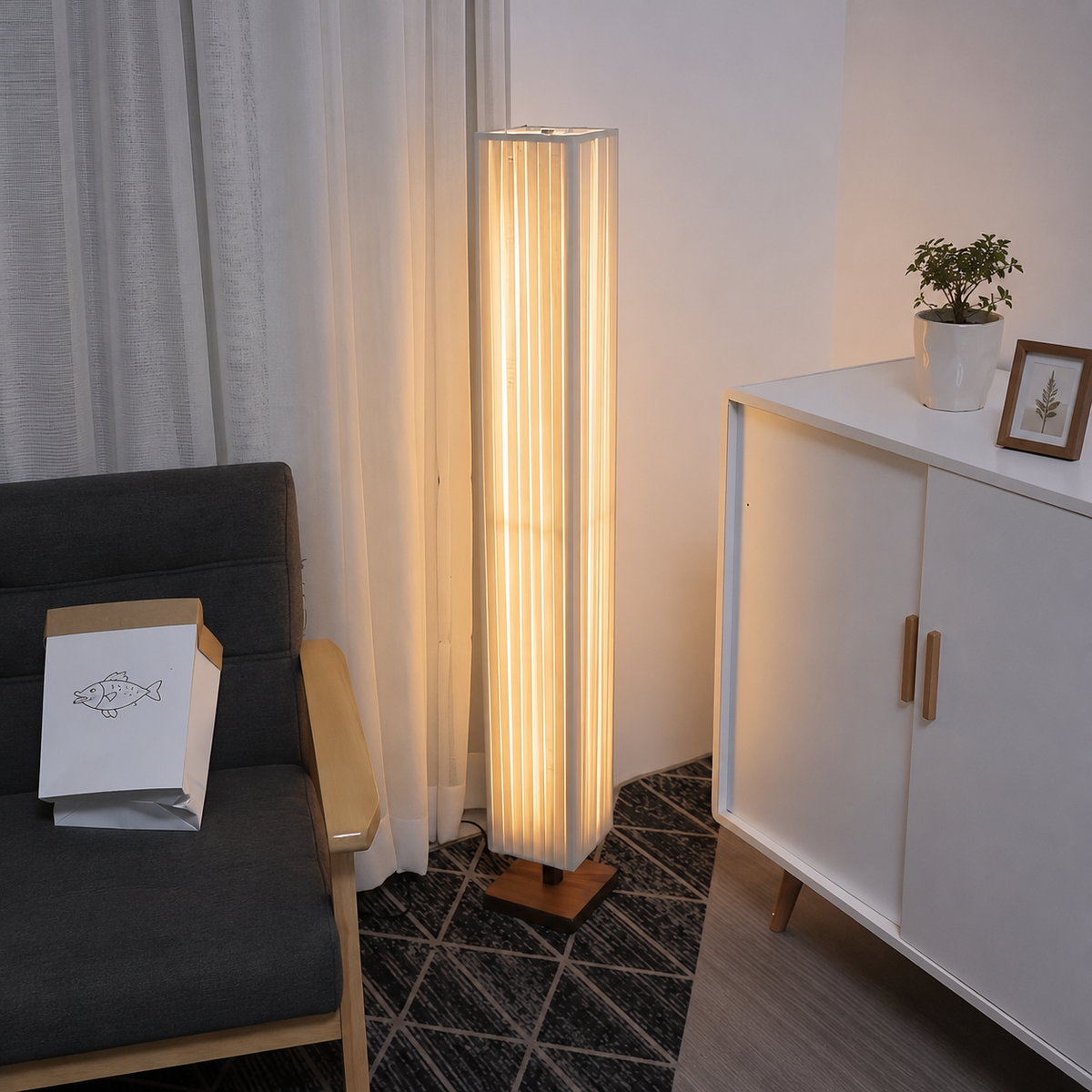Tall off-white floor lamp with fabric shade and natural wood square base