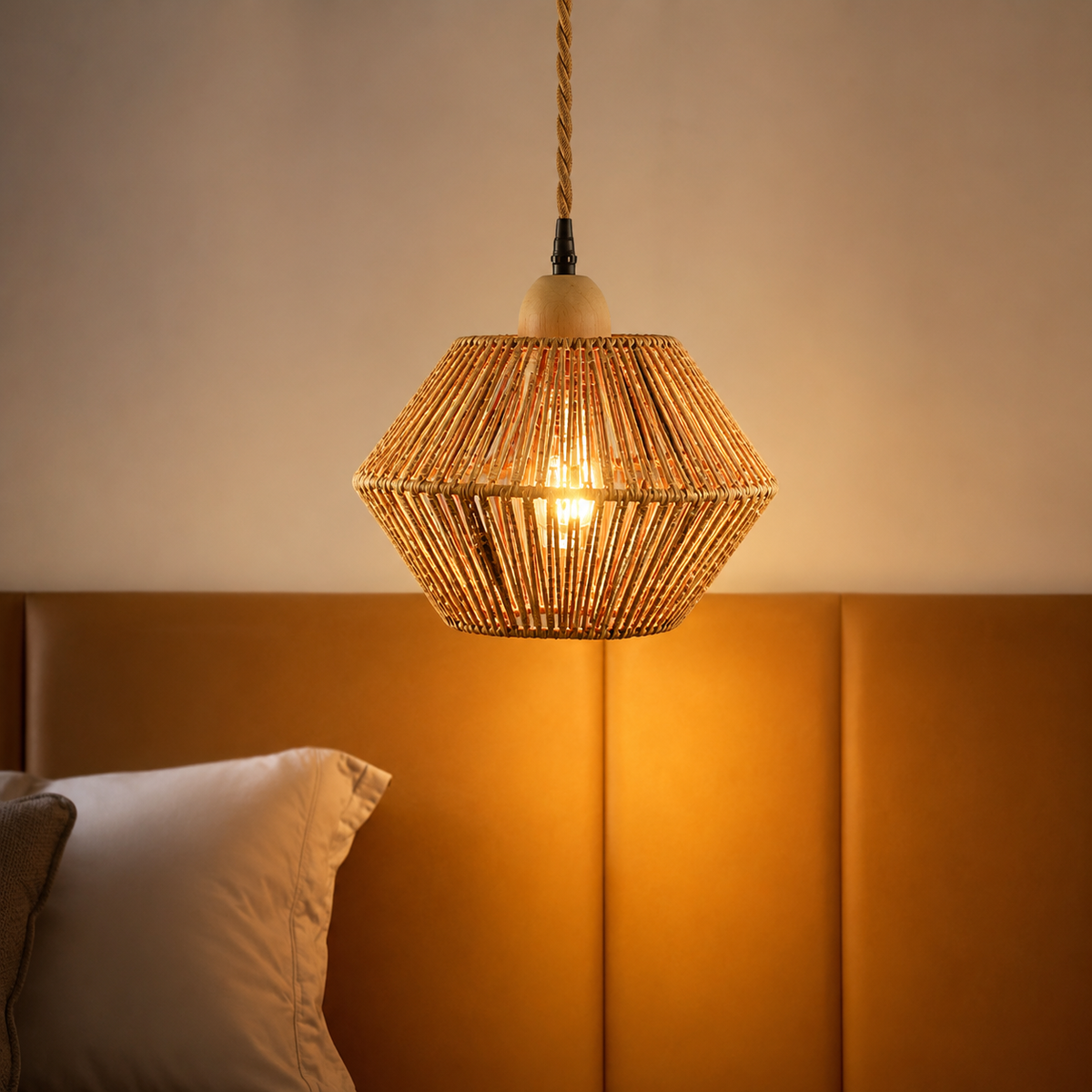 Jute lantern pendant light with warm glow and woven geometric shade