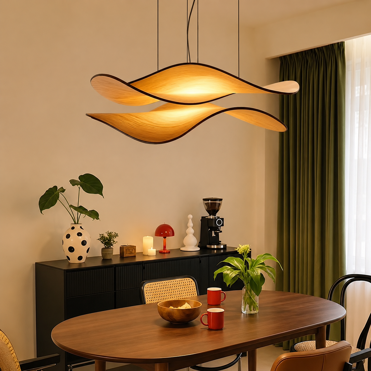 Amber wood-look wing pendant light with warm glow from curved layered shades