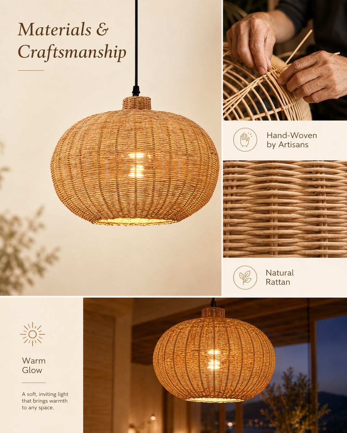 Natural materials and handcrafted details of Aurelia Pumpkin Pendant Light