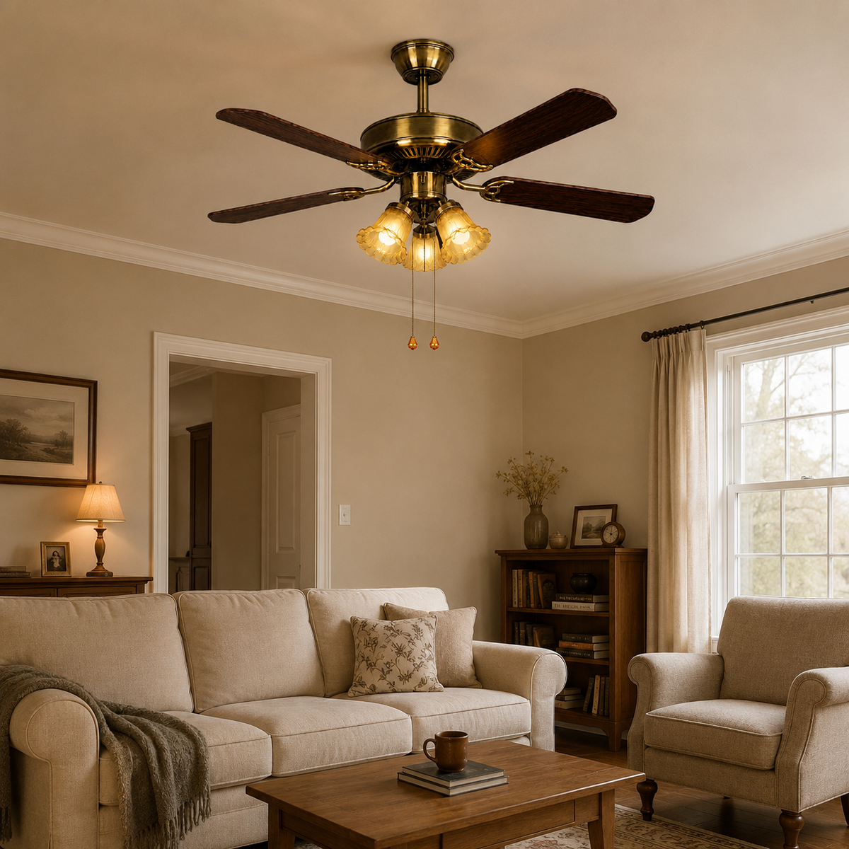 Joinery and hardware detail of Aura Wood Blade Ceiling Fan Light