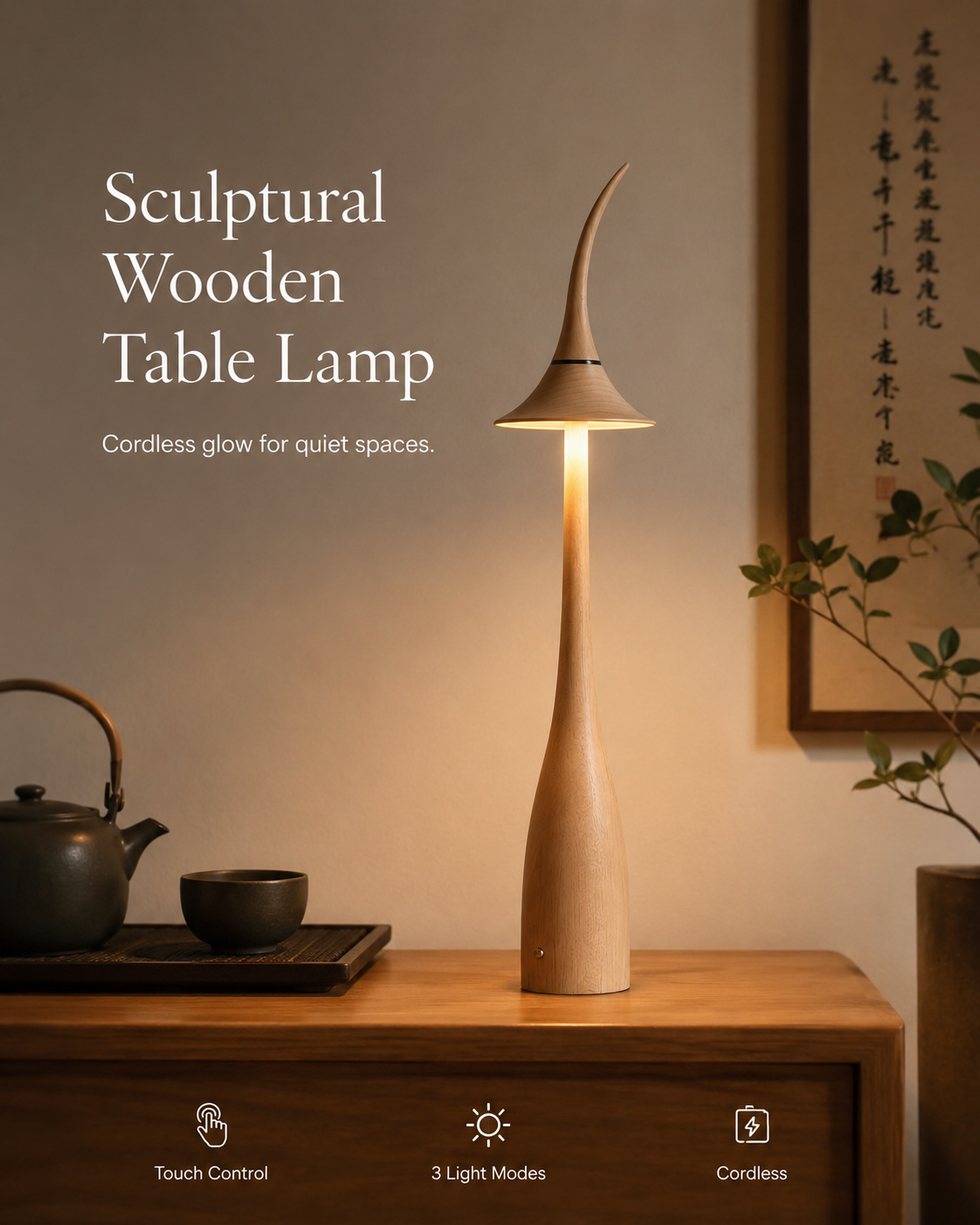 Noma Maple Wood Cordless Table Lamp handcrafted lighting design by SolenaLighting