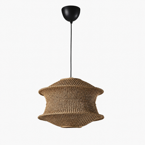Woven pendant light with tan shade and dark top canopy
